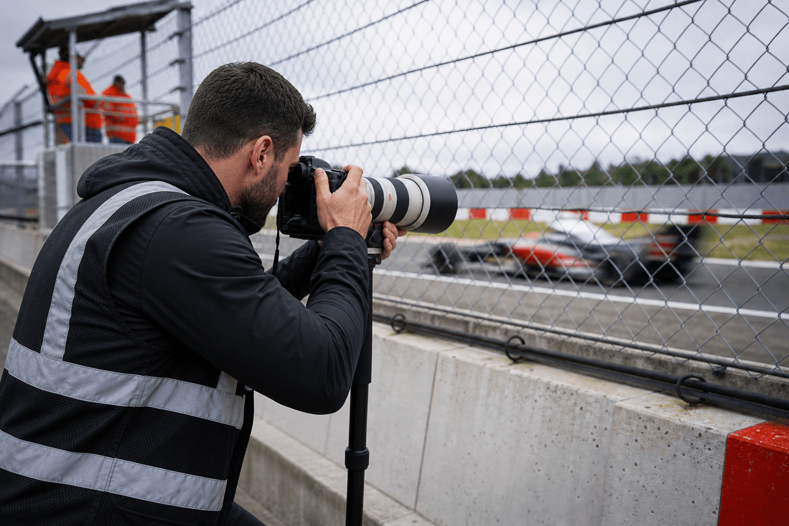 Trackside motorsport media photographer covering race action